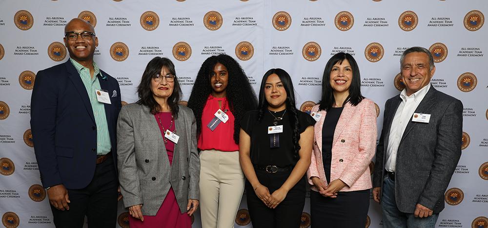 Pictured, Left to Right: Dr. L. Andrea Brownlee, SMCC PTK Advisor ; Dr. Alice Murillo, SMCC Vice President of Academic Affairs; Delina Hadish, SMCC All-AZ 2025; Jeslyn Vargas Carpio, SMCC All-AZ 2025; Veronica Hipolito, SMCC President; Tom Nerini, Ed.D., MCCCD Governing Board Member, District 5